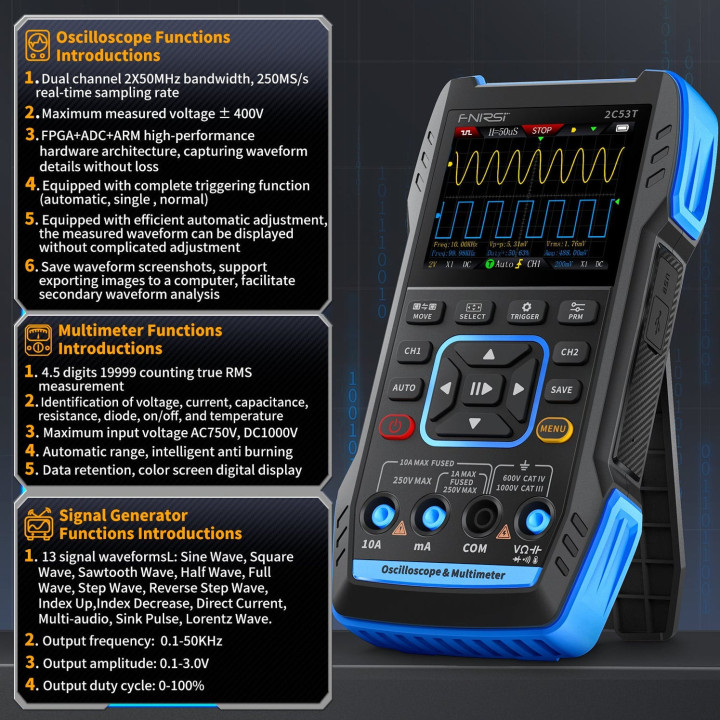 FNIRSI 2C53T Dual Channel 3-in-1 50MHz Oscilloscope / Multimeter / Function Generator
